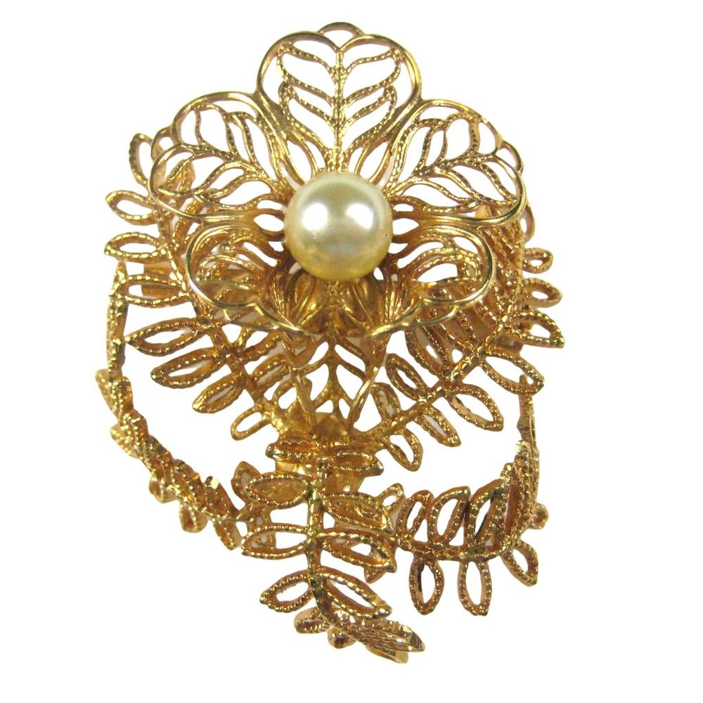 Brooch Pin Goldtone Vintage Leaf Spray 1.7 in Estate Imitation Pearl  Flower